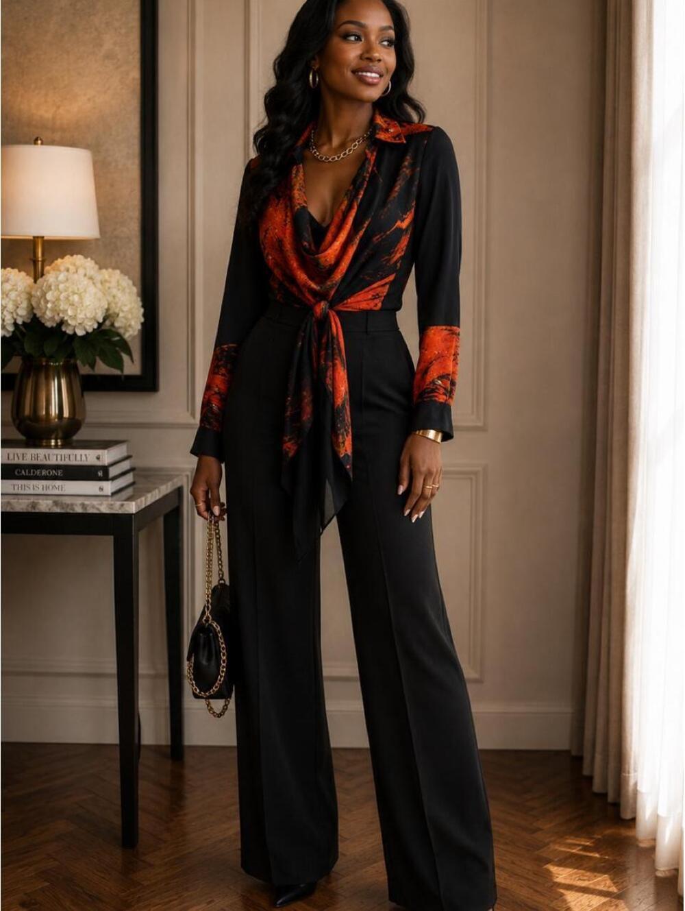 Haute Hippie Black Wrap Top with Orange Print